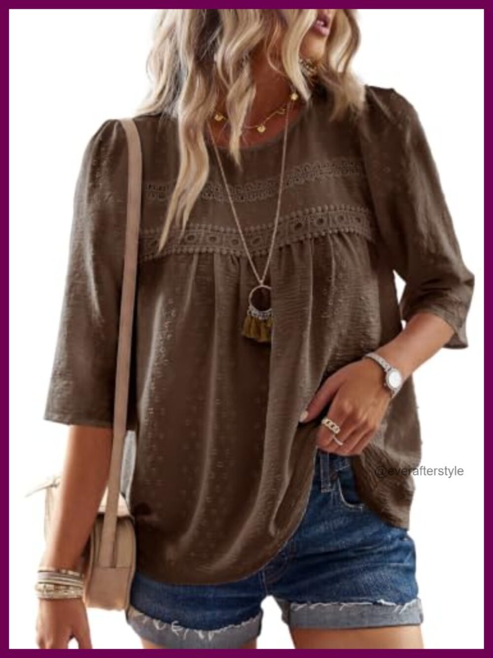 Womens Boho Crochet Lace 3/4 Sleeve Blouse Crew Neck Loose Fit Top